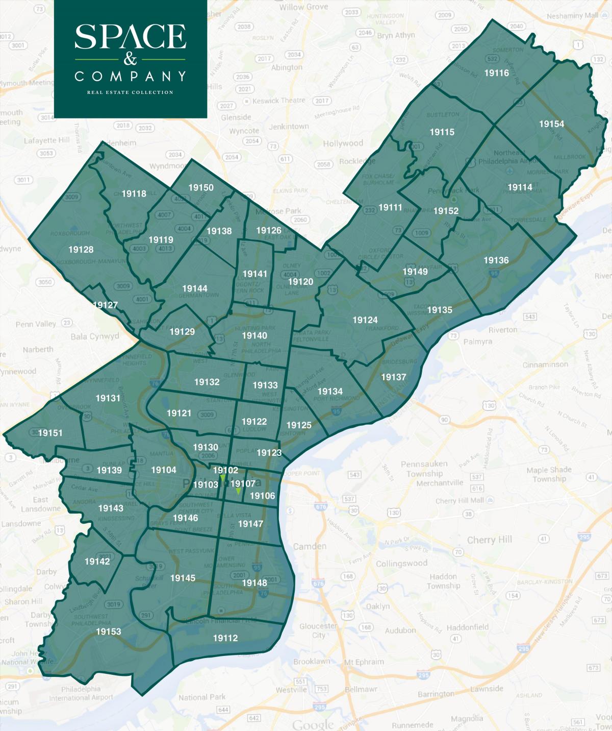 χάρτης της Φιλαδέλφειας γειτονιές και ταχυδρομικοί κώδικες